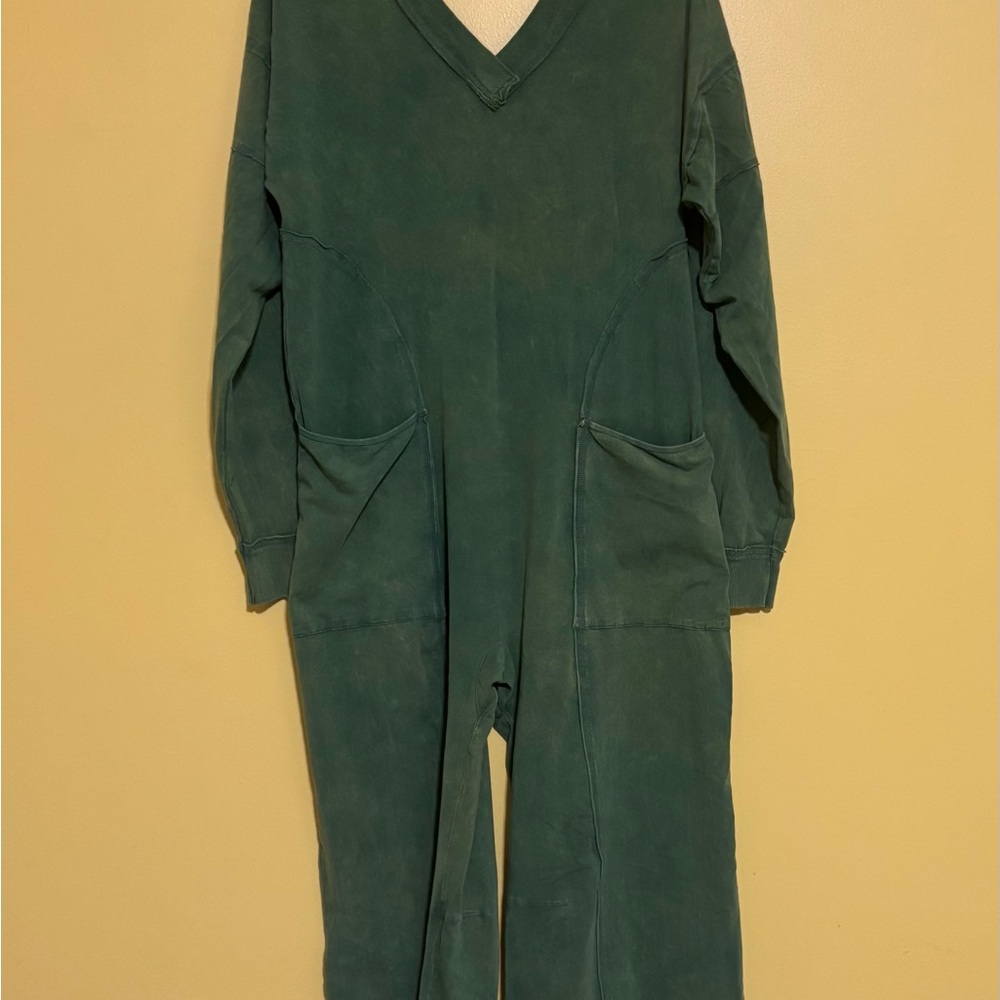 Free People Forest Green V-Neck Long-Sleeve Jumpsuit